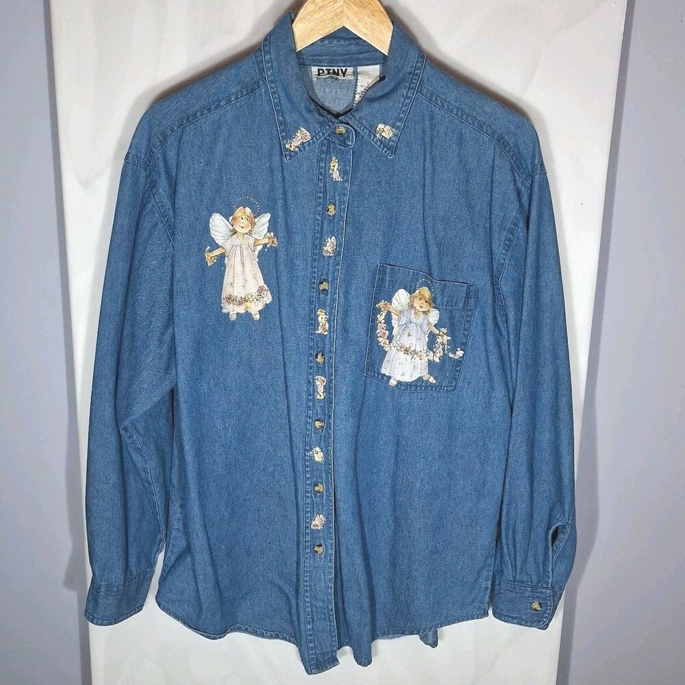 Blue Chambray Angel Applique Button Front Shirt Women's L Cottagecore Angelcore